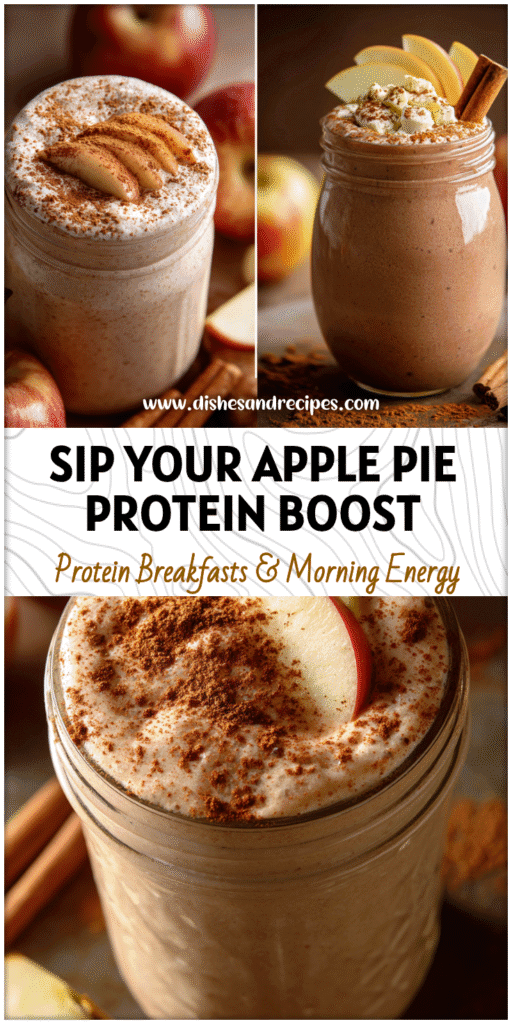 Creamy Apple Pie Protein Smoothie topped with cinnamon and apple slices in a glass jar.